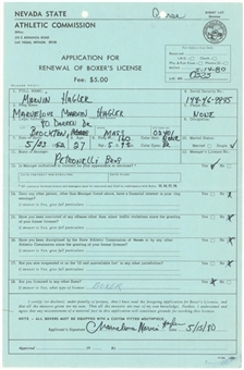 1980 Marvelous Marvin Hagler Signed Nevada State Athletic Commission Application For Renewal Of Boxers License (PSA/DNA)